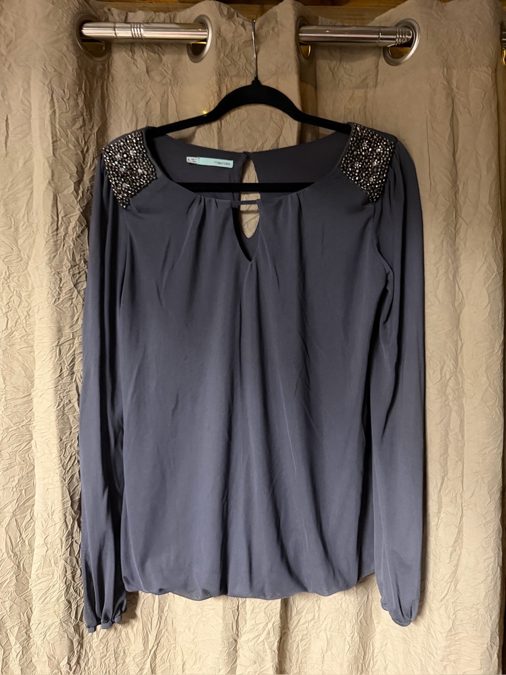 Embellished Shoulder- Long-Sleeve Gray Blouse -